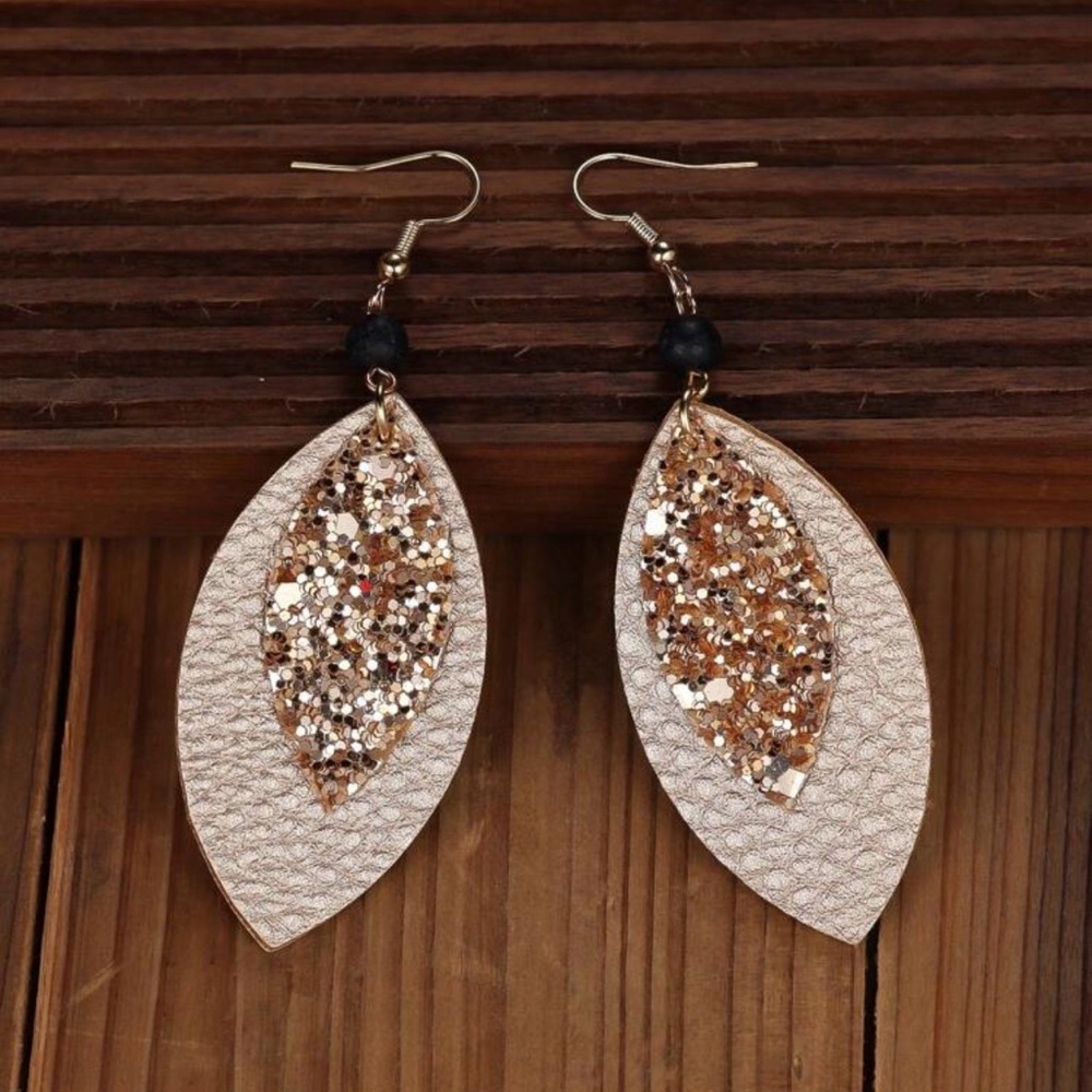 Sparkling Gold and Black Leaf Earrings - Picture 4 of 5